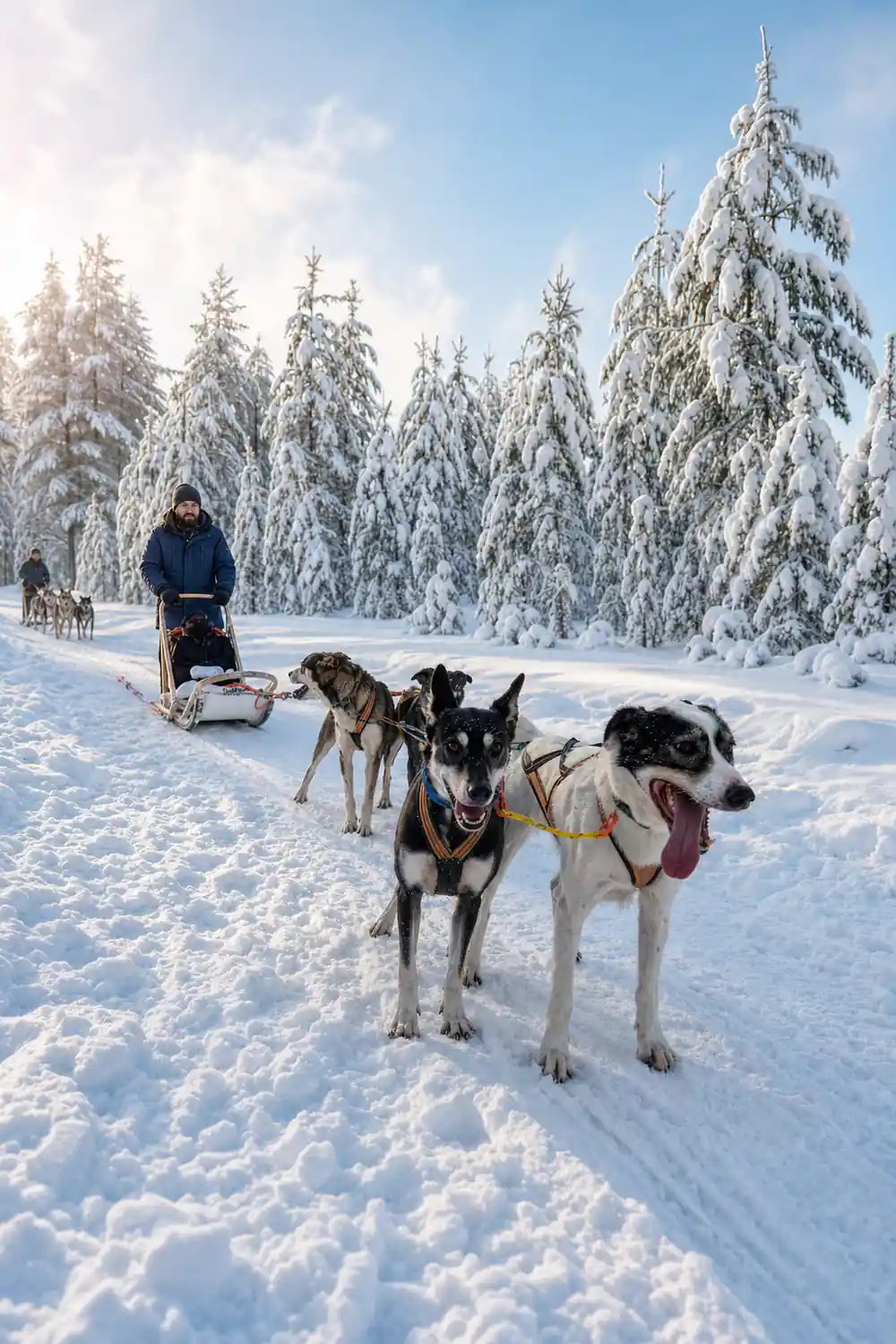 Dog sled team running through snowy forest landscape