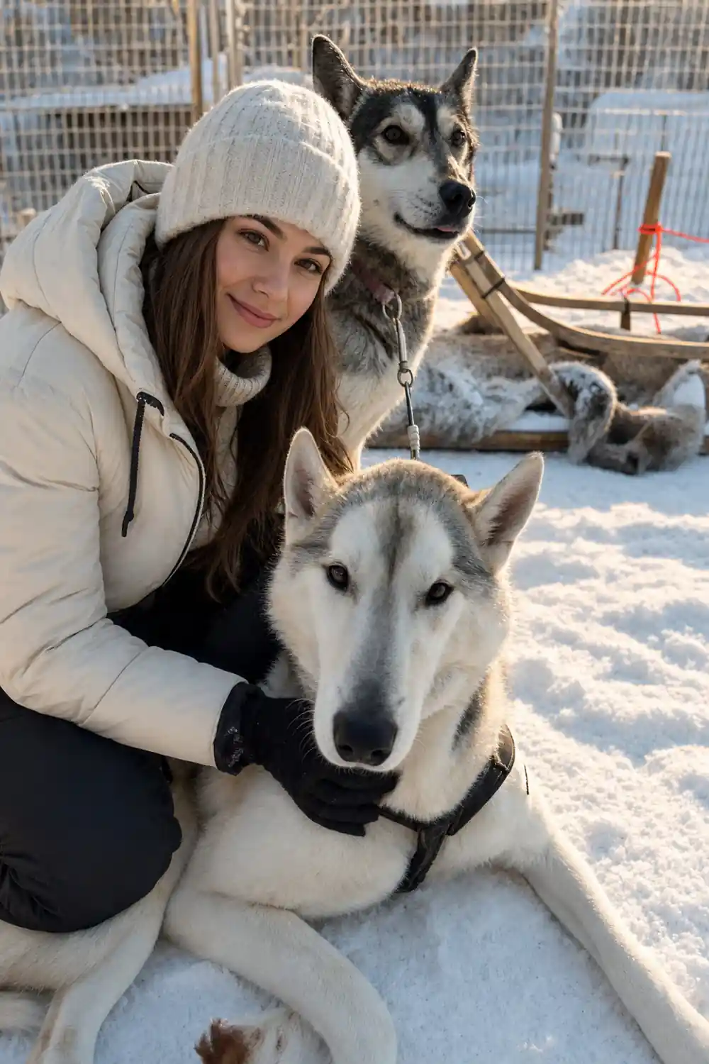 Two sled dogs resting in snowy enclosure with fence